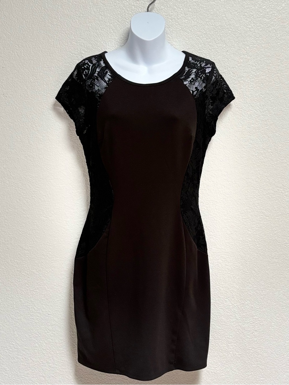 Iz Byer Black Lace-Trim Short Sleeve Sheath Dress